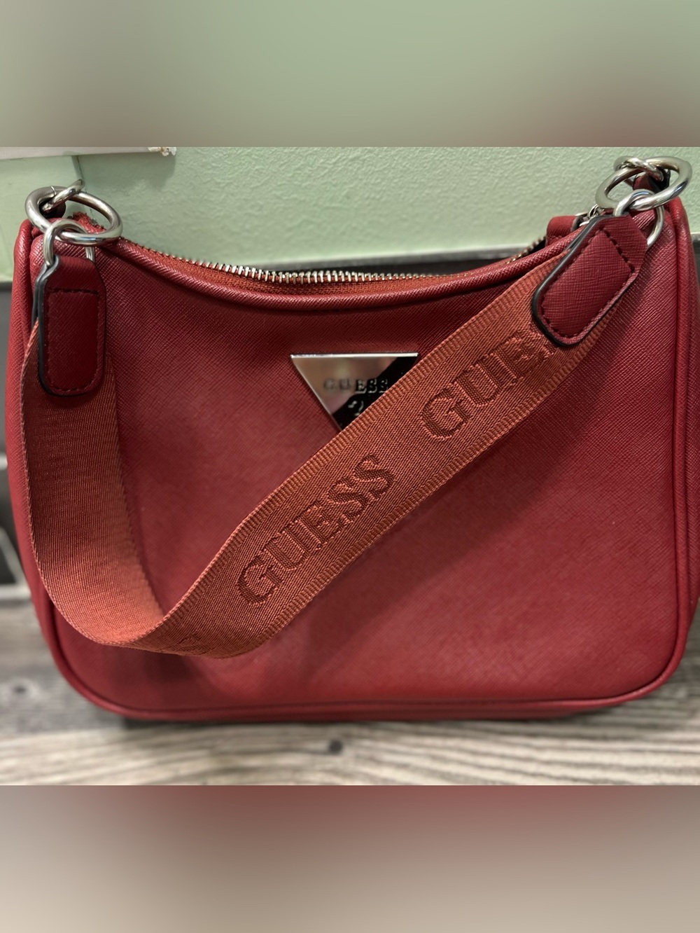 GUESS Men's Brick Red Canvas Messenger Bag with Branded Strap